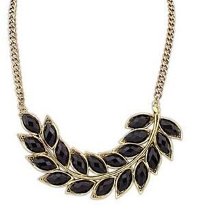 Express Black Stone Pendant Leaf Bib Necklace Black & Gold Chunky Statement